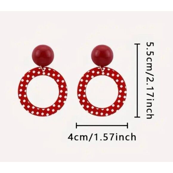 NWT Retro Vintage Red & White Circle Polka Dot Dangle Drop Earrings - Picture 3 of 5